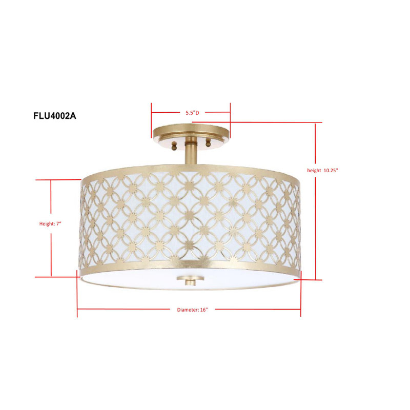 Plafonnier semi-encastré à 3 lumières de 16 po Pamila, Or, Fabric