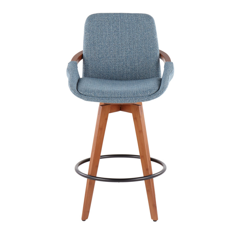 Tabouret de comptoir Mid-Century en noyer avec revêtement en tissu bleu | Idée de cadeau