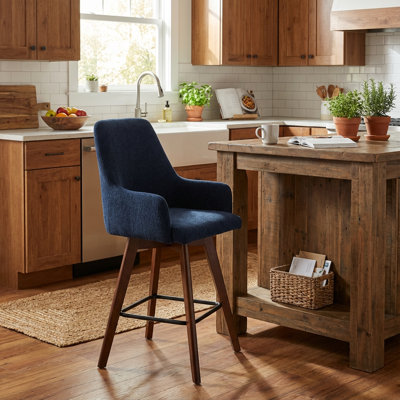 Swivel Bar Stool with Back and Wood Legs, Chenille Upholstered Counter Stool for Kitchen Island, Dining & Home Bar, Comfortable Modern Stool