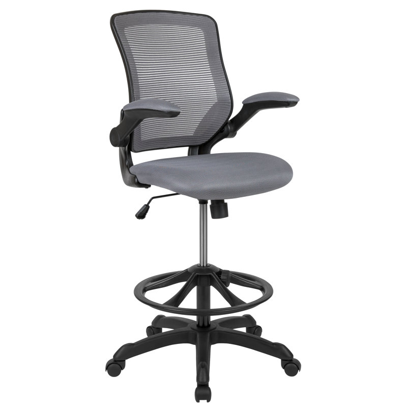 Mid-Back Mesh Ergonomic Drafting Chair with Foot Ring and Flip-Up Arms, Dark Gray