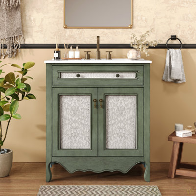Meuble-lavabo de 30 po à motif antique avec lavabo rectangulaire en céramique, meuble-lavabo avec plateau basculant / tiroir rabattable, équipé de poignées antiques et de pieds en bois d'hévéa