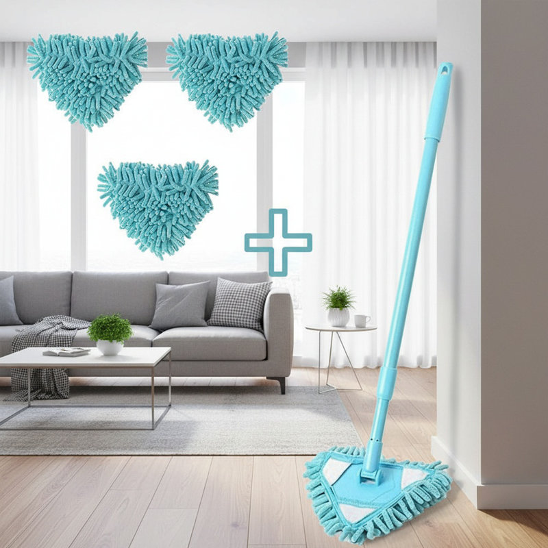 Petite vadrouille triangulaire 21 po avec 3 chiffons de rechange pour balai rotatif 180 degrés, Bleu