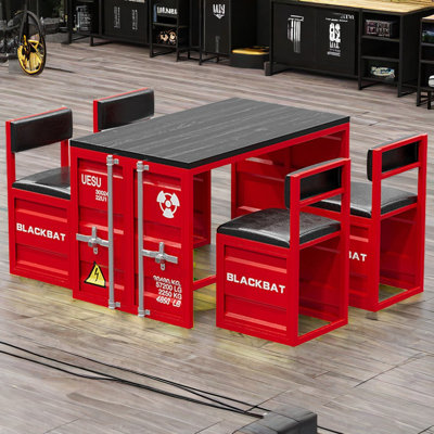 Industrial air container table and chairs 4 - Person Solid Wood Top Trestle Base Dining Set