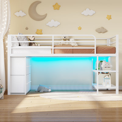 Twin Size Loft Bed With 6 Fabric Storage Drawers, Metal Low Loft Bed With Led Lights & Open Storage Shelves, 15" H Safety & Guardrail Stairs Bed by Isabelle & Max