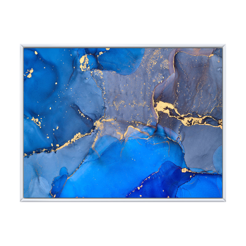 «Blue Luxury Abstract Fluid Art V», reproduction d'art sur toile moderne, H 16 po x l 32 po, Cadre flottant blanc