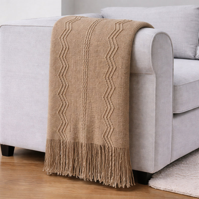 Jeté beige douillet tricoté avec frange - texture douce tissée texturée, 50 po x 60 po, Beige