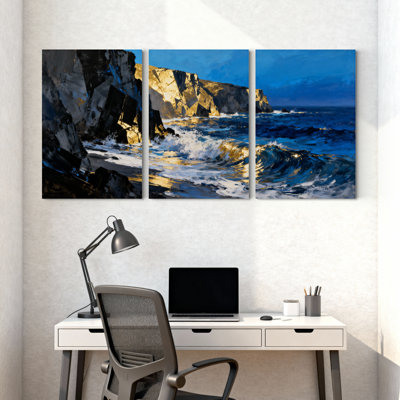 «Abstract Ocean Waves Crashing Against Rocky Shoreline», ensemble de 3 reproductions d'art sur toile