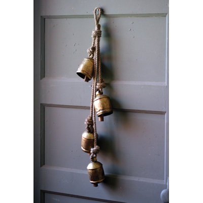  Four Rustic Iron Hanging Bells on Rope – 26" Decorative Christmas Holiday Door Hanger