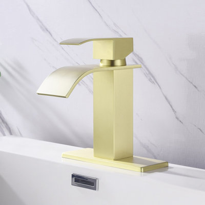 Single Handle Waterfall Bathroom Sink Faucet with Deck Plate in Gold