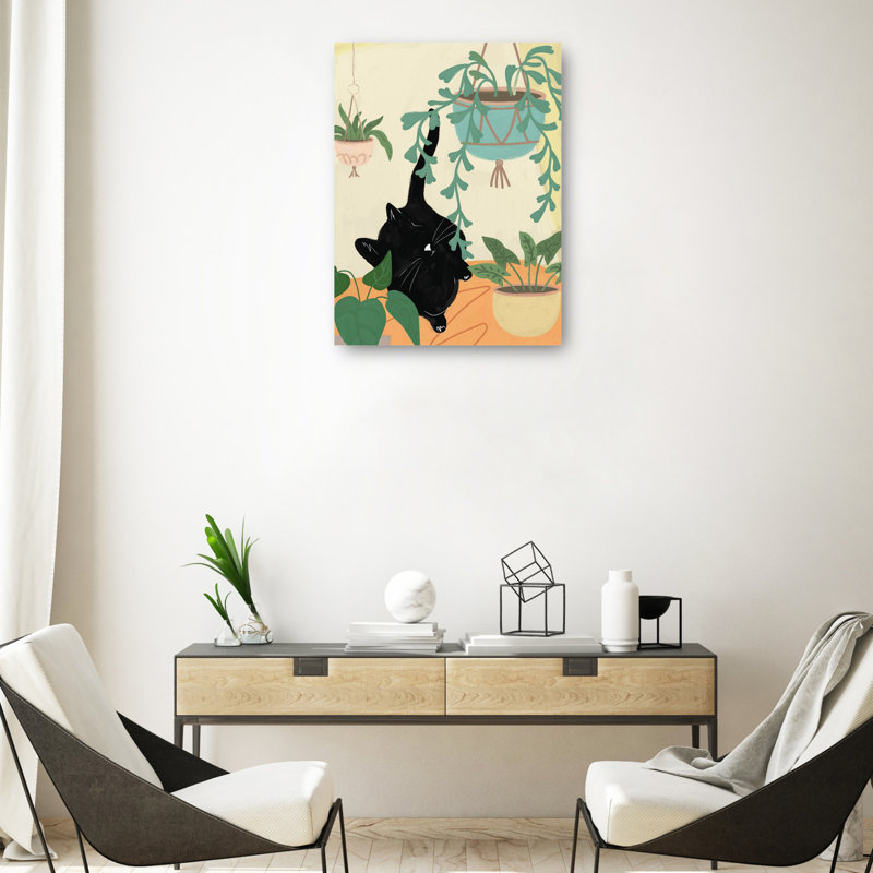 Black Cat in Greenery Canvas Art Print, 14" x 11"