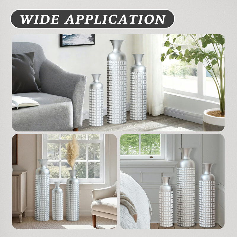 Ensemble de 3 vases en fer argenté rétro avec texture en relief pour le décor du salon
