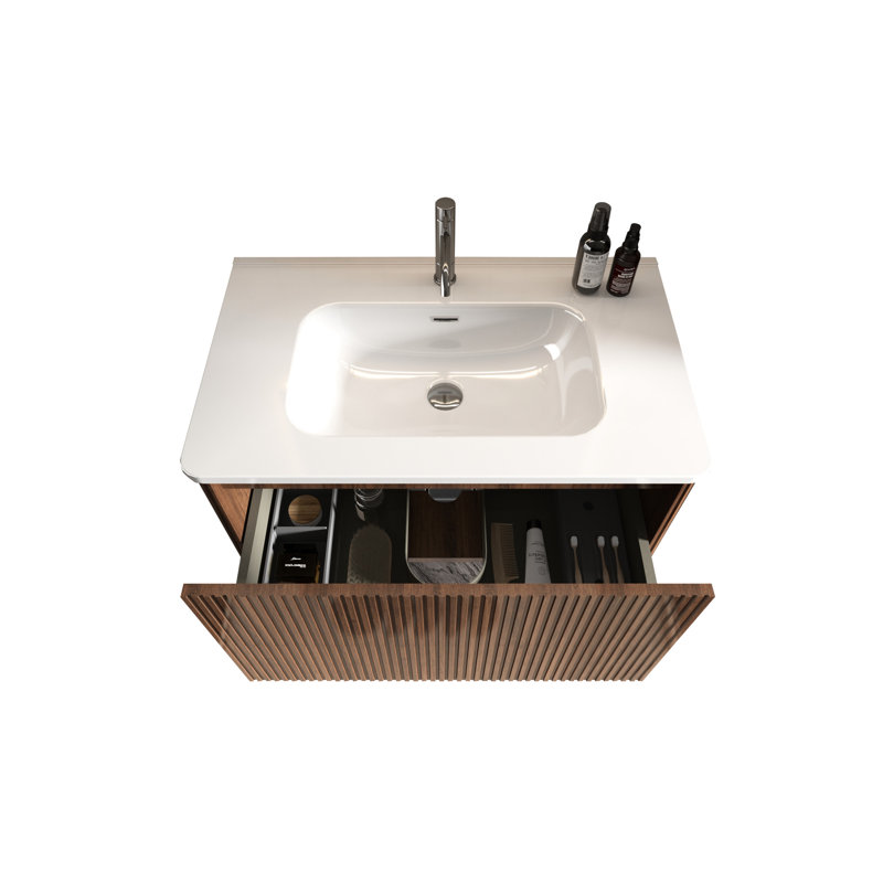 Meuble-lavabo mural, noyer rayé 30 po, lavabo intégré en céramique blanche, conception sécuritaire, bordures à tiroirs, espace de rangement