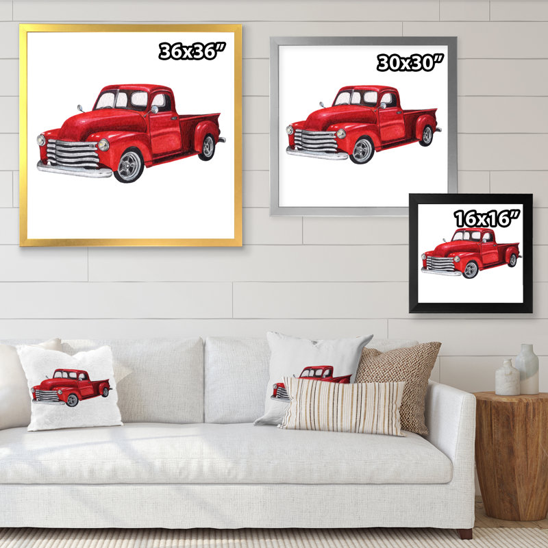 Camionnette rouge rétro - peinture sur toile, H 36 po x l 36 po x P 1,5 po, Toile avec cadre blanc