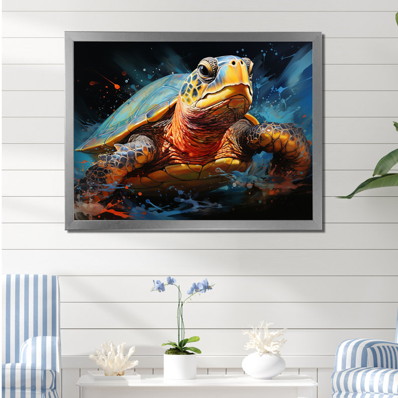 Représentation d'un voyage aquatique avec des tortues, H 24 po x l 32 po x P 1 po, Cadre simple argenté