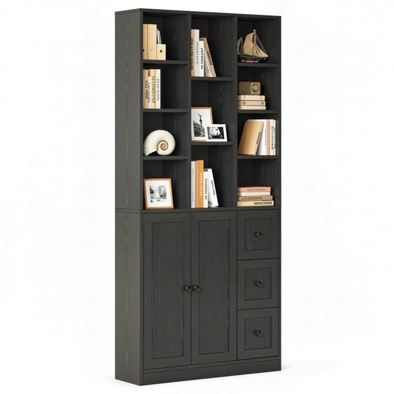 Bibliothèque de 71 po de hauteur avec 2 portes et 3 tiroirs, bibliothèque de 31,5 po de largeur avec 4 tablettes réglables