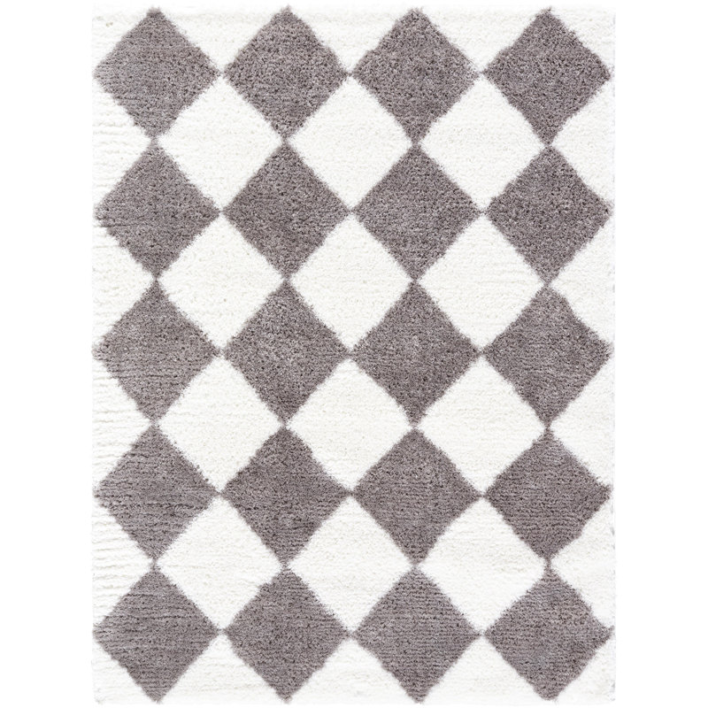Tapis rectangulaire en polyester tissé à la machine à motif géométrique noir / blanc Tifini, Rectangle 5 pi 3 po x 7 pi