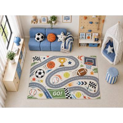 Tapis de sport ultramince 152 x 213 cm, motif de course amusant avec des illustrations de football, basketball, football américain et baseball, idéal pour la chambre d'enfant.