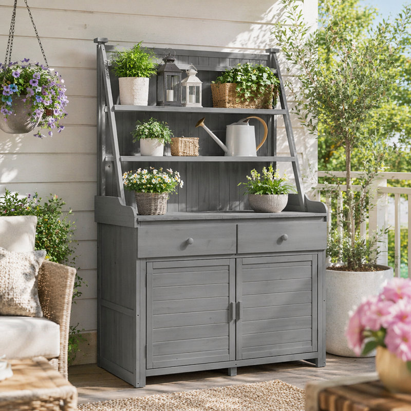 Banc de jardinage en bois de sapin 65 "avec tablettes, tiroir et armoire, Gris