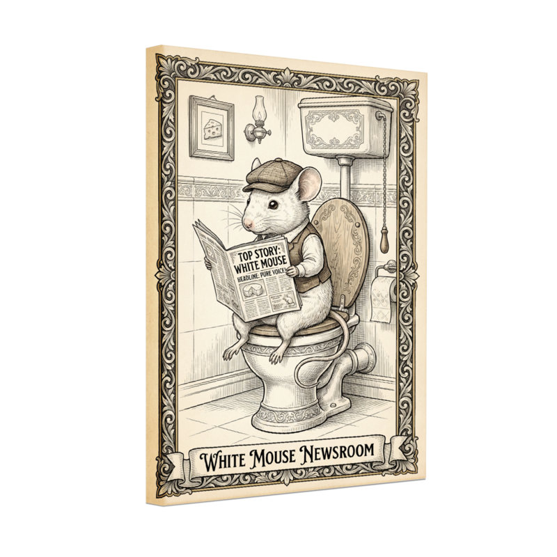 Bath & Laundry - souris blanche lisant un journal sur une toilette, H 18 po x l 12 po