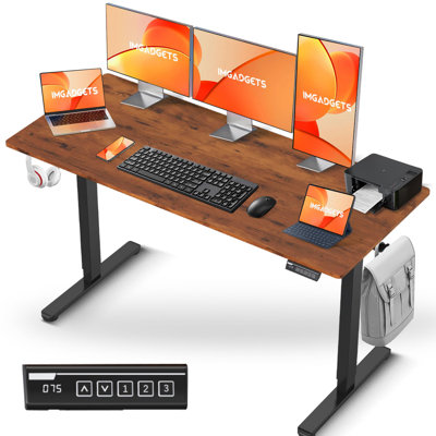 IMGadgets Bureau de travail électrique à hauteur ajustable 55 x 24 pouces 2024, 5ème génération, moteur silencieux, siège ergonomique, bureau à domicile avec boutons à mémoire de hauteur, présentoir, 2 supports (Bourbon)