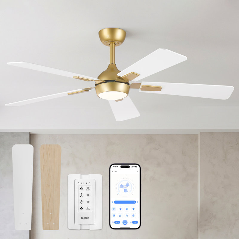 Vaczon 52" Smart Dimmable LED Ceiling Fan with 3CCT Lights, Remote/APP Control, Double-Sided Wood Blades, 6-Speed Reversible DC Motor, Adjustable Height