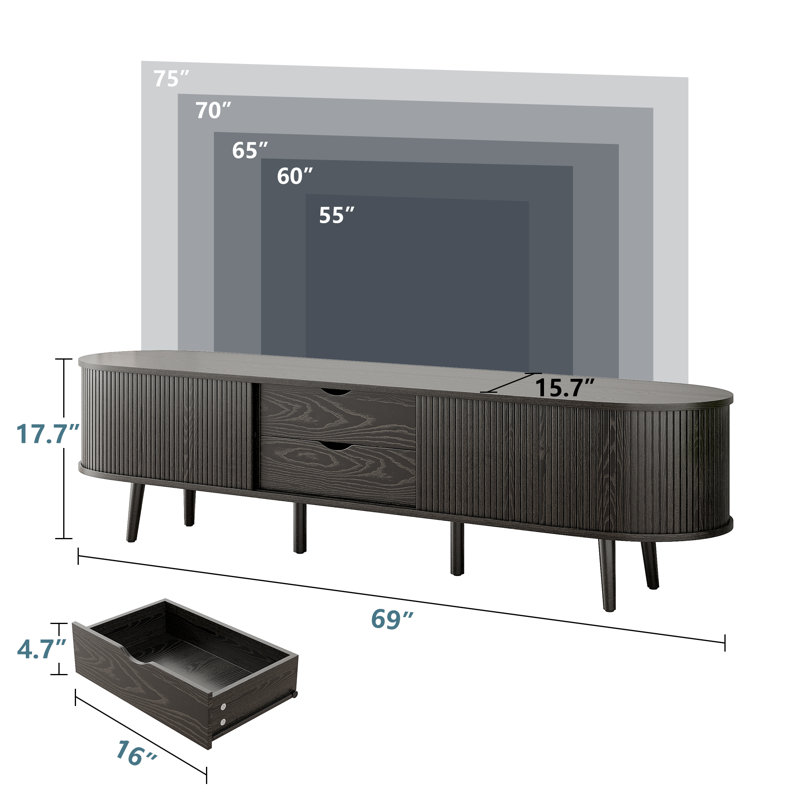 Meuble télé 69 pouces de style Mid-Century avec tiroirs et tablettes de rangement, meuble télé cannelé conçu pour les téléviseurs de 55 po à 75 po. Meuble audio-vidéo en bois pour le salon et la chambre à coucher, console média et table télé