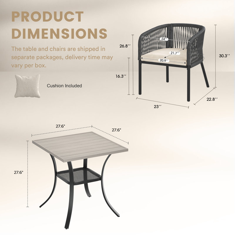 Ensemble repas d'extérieur carré pour 2 personnes avec fauteuils et coussins en rotin PE, Grey Woodlike/Grey/White