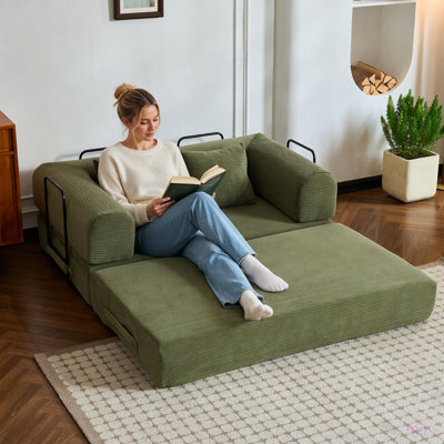 59'' Convertible Sleeper Sofa Bed with Cylindrical Pillow, Corduroy Folding Mattress Couch with Fixed-Shape Frame, Floor Sofa Lounge Couch for Living Room Bedroom