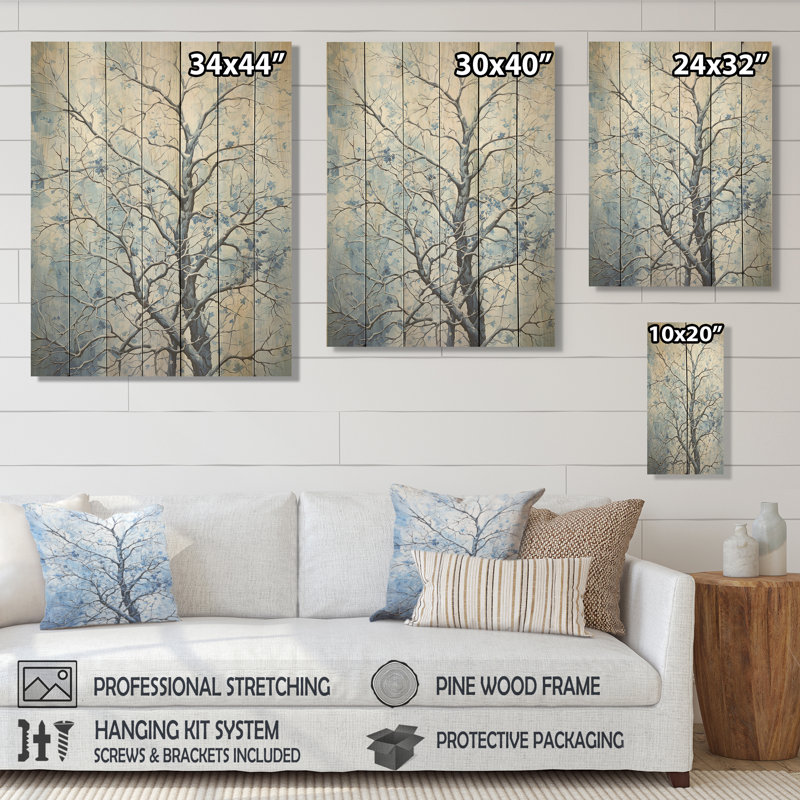 Blue And White Tree Blooms In Winter III - Tree On Wood Print, 20" H x 10" W