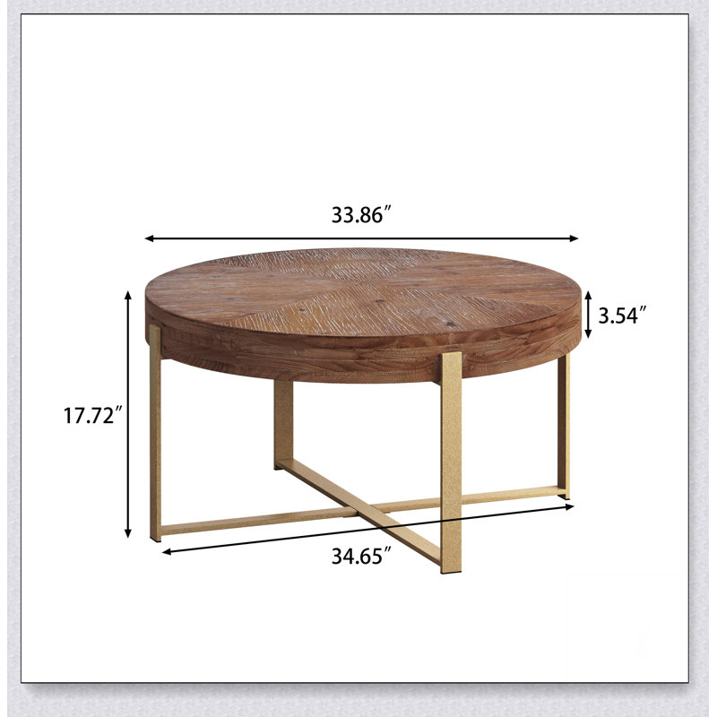 Table basse épissée moderne rétro avec plateau en bois de sapin et pieds croisés, Doré