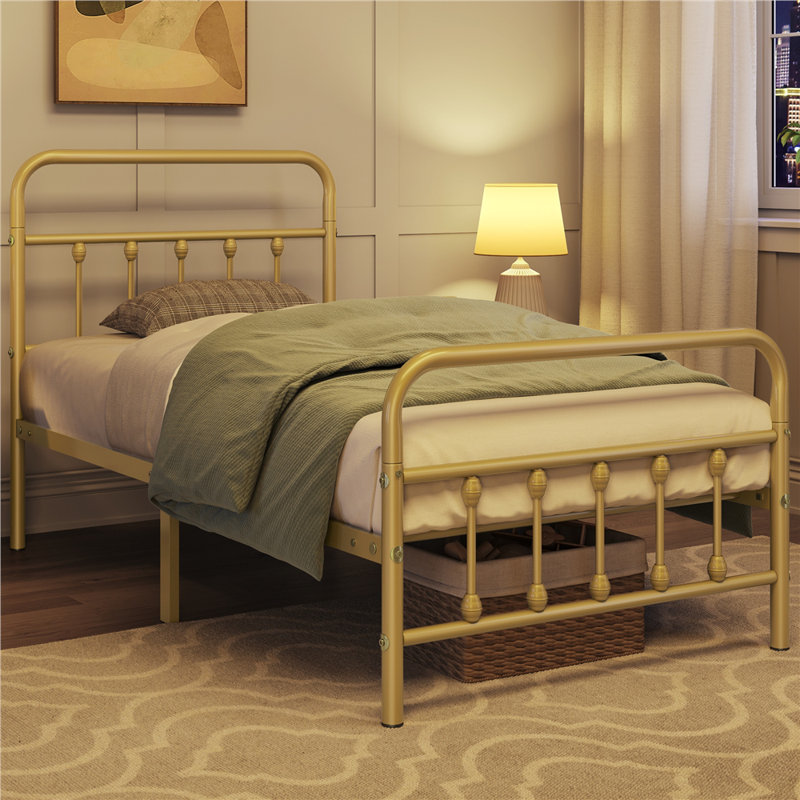 Antique Gold Twin Metal Bed Frame with Spindle Headboard