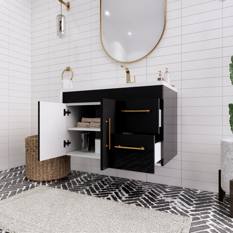Ensemble de meuble-lavabo simple mural 36 po Spring, Noir brillant
