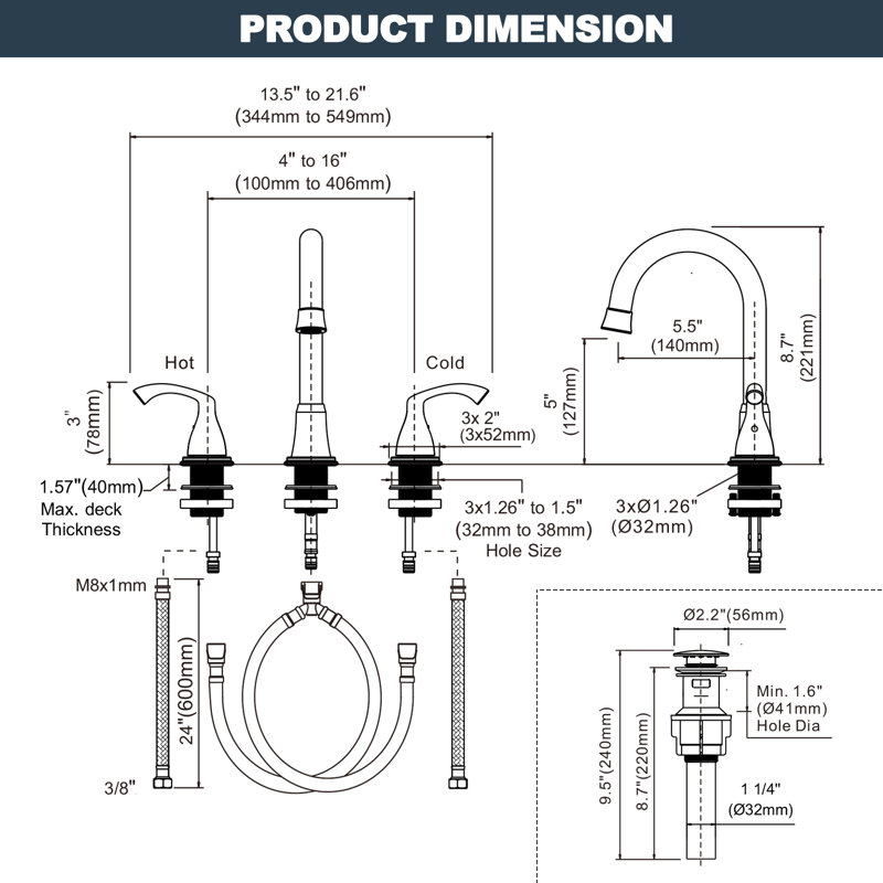 Bathroom Faucet with Drain Assembly, Matte Black