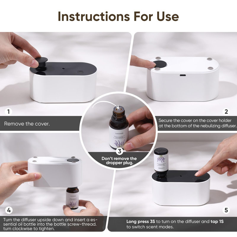 Waterless Diffuser For Essential Oil, Scent Air Aromatherapy Diffuser, Mini Portable Aroma Diffusers With 3 Mist Modes, Cycle Start, For 160 Sq.Ft Room Home Office Bedroom