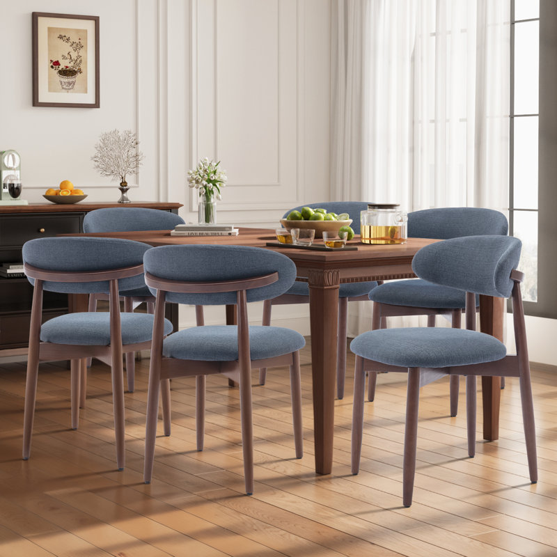 Upholstered Solid Wood Dining Chair, Curved Ergonomic Backrest, Modern Side Chair for Dining Room, Blue