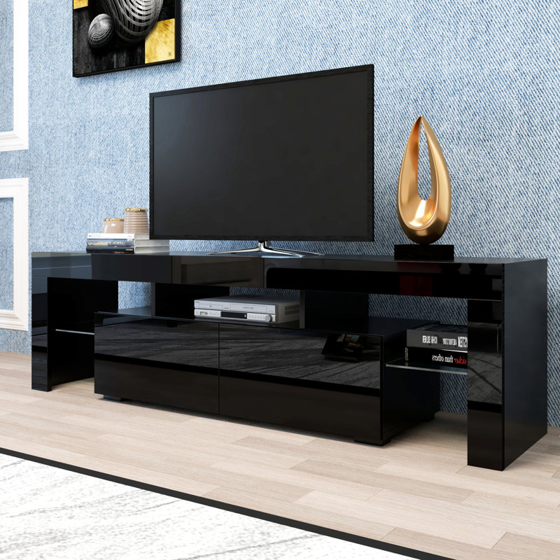 Meuble télé à DEL 20 couleurs avec télécommande, noir moderne, convient aux téléviseurs noirs de 60 à 69 pouces de 8K et à la télécommande