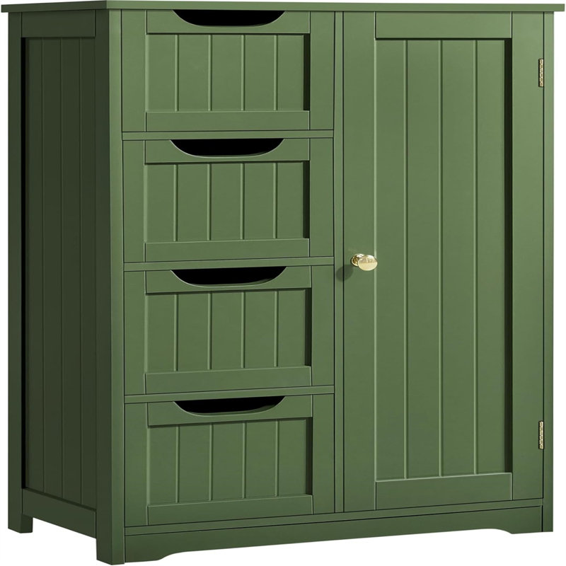 4-Tier Storage Cabinet With Drawer Bins And Open Shelving - Green Wooden Cabinet For Bathroom, Bedroom, Or Living Room Organization