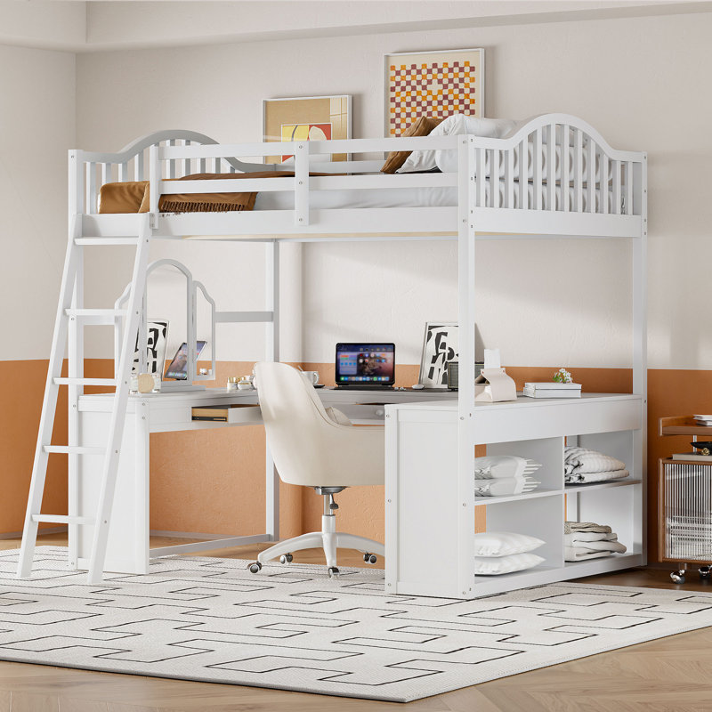 Lit mezzanine double en bois avec bureau en U, compartiments de rangement et miroir à trois volets, blanc
