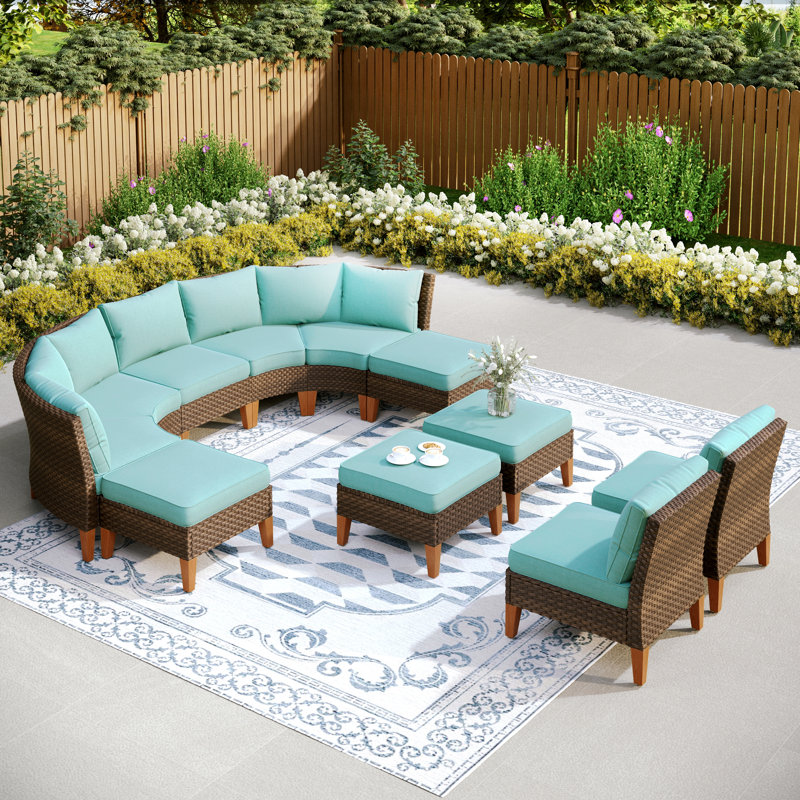 Argyri Wicker Outdoor Patio Conversation Furniture Sectional Set with Cushions, Blue