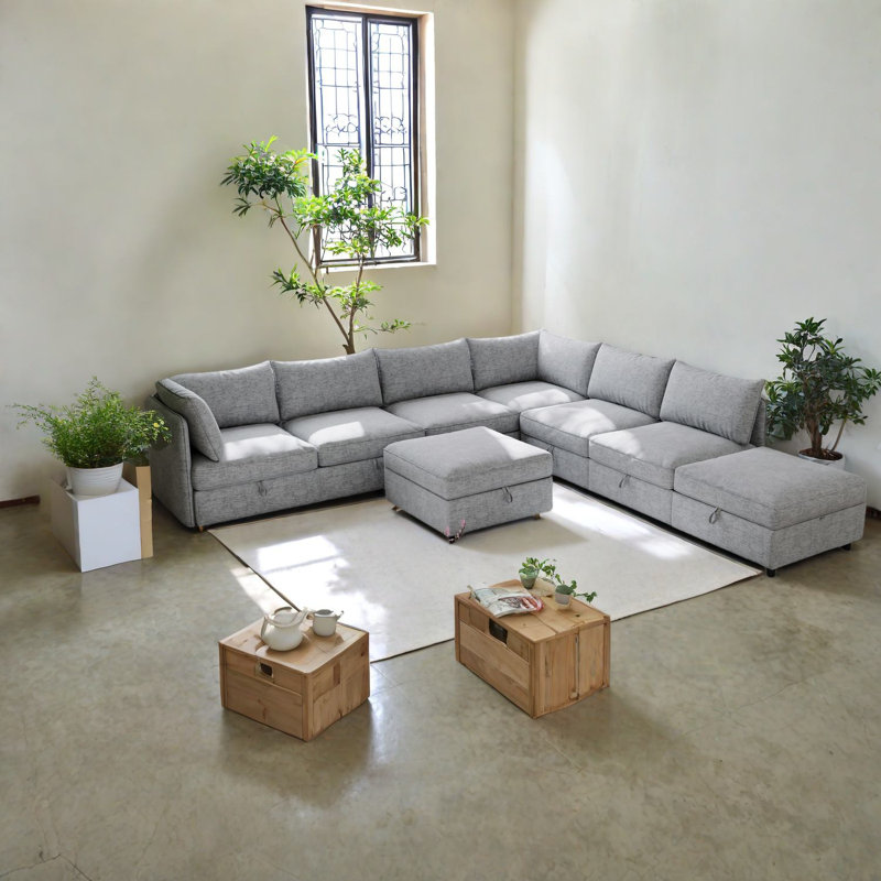 Space-saving Modular Sofas, Grey Chenille With Storage For Modern Living Room