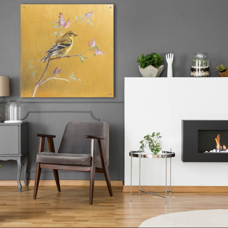  «Femelle chardonneret sur or» par Danhui Nai, art mural en verre acrylique, H 36 po x l 36 po x P 0,2 po