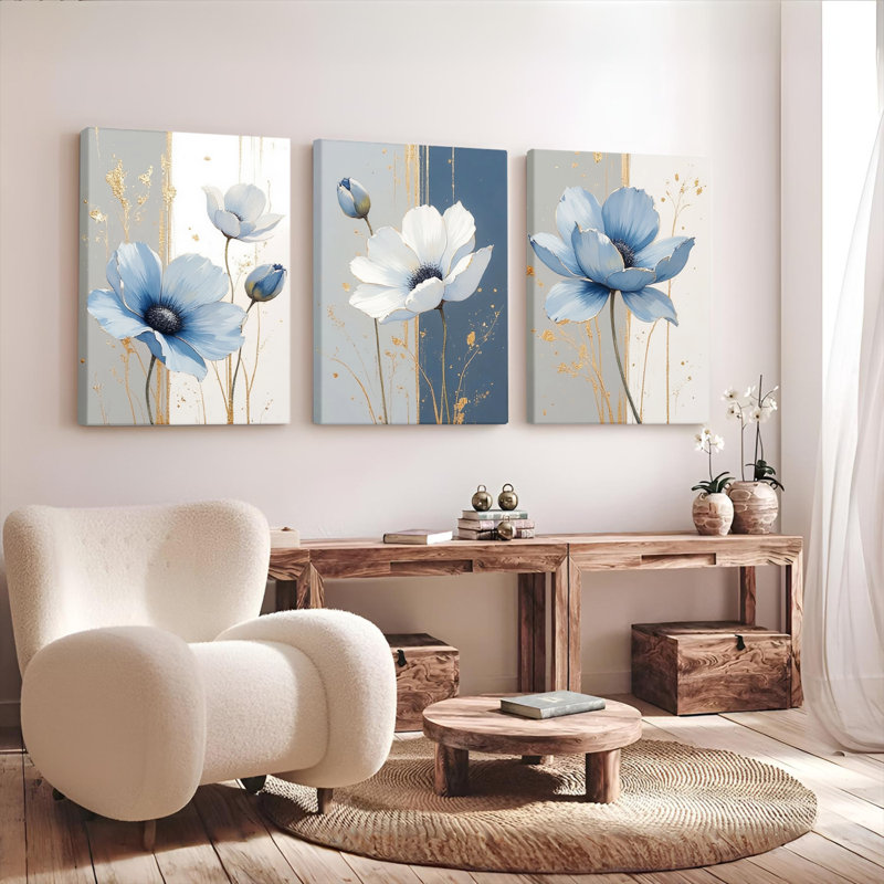 Tableau sur toile tendue à motif floral bleu avec accents dorés (paquet de 3), H 36 po x l 72 po