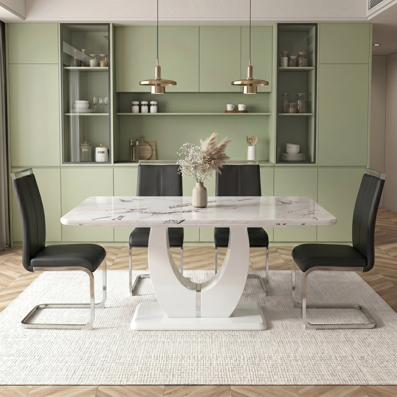 Modern 5-Piece Rectangular Faux Marble Dining Table Set, Black, White