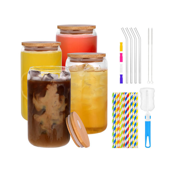 6 Pcs Glass Cups With Bamboo Lids And Straws,16 Oz Glass Tumbler With Straw  And Lid, Ice Coffee Glasses Cute Tumbler Cup Great For Soda Boba Tea  Cocktail Include 2 Cleaning Brushes