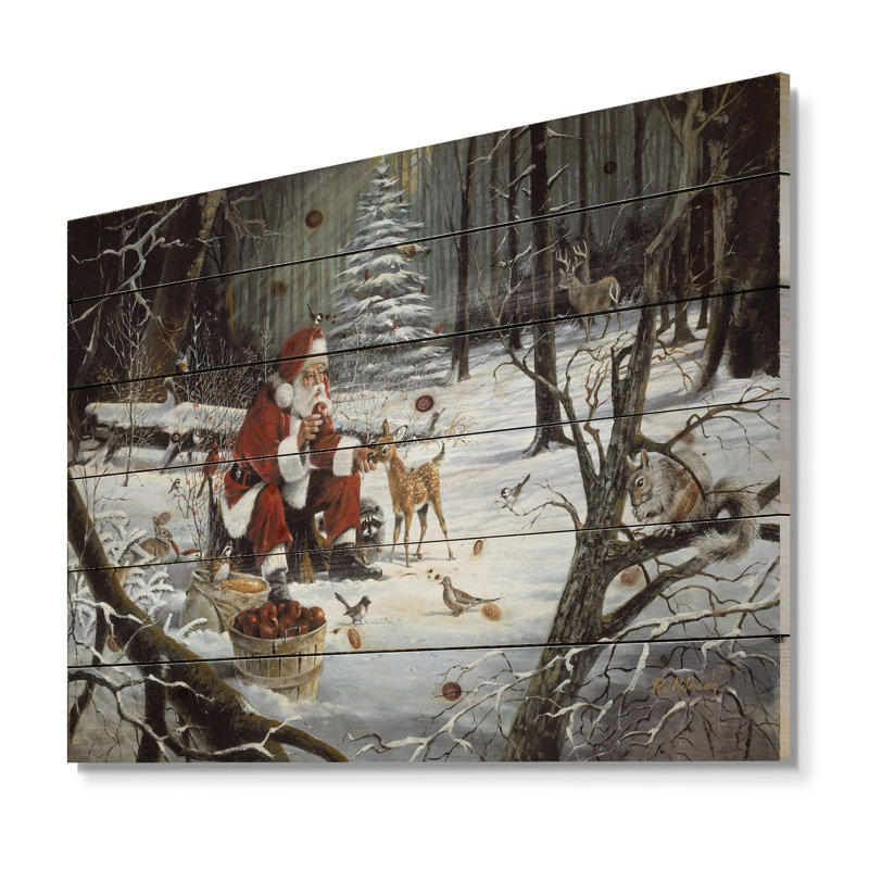 « Santa Claus with Deer in Snowy Woods », reproduction d'art, Bois, H 34 po x l 44 po x P 1,5 po