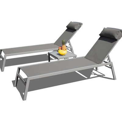 Chaise longue de jardin en aluminium 3 pièces, tissu, 5 positions de dossier réglables, gris, pour patio, revêtement de piscine en tissu de patio, dossier, pelouse, jardin, piscine