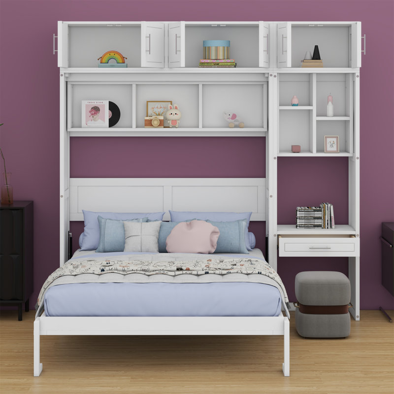 Lit escamotable avec bureau, armoire supérieure et tablettes de rangement, lit pliable peu encombrant