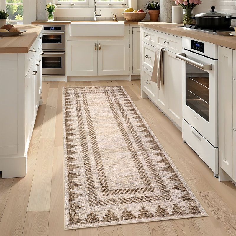 Tapis lavable Geometic Border, Brown, Tapis de couloir 2 pi x 6 pi