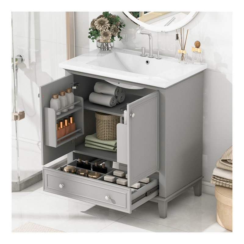 Ensemble de meuble-lavabo avec lavabo, armoire de salle de bain multifonctionnelle avec portes et tiroir, structure solide et panneau de fibres à densité moyenne