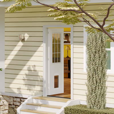 Quiet White Solid Wood Exterior In-Swing Front Door With 9-Lite Clear Glass, Magnetic Adjustable Dog Door & Sloped Threshold